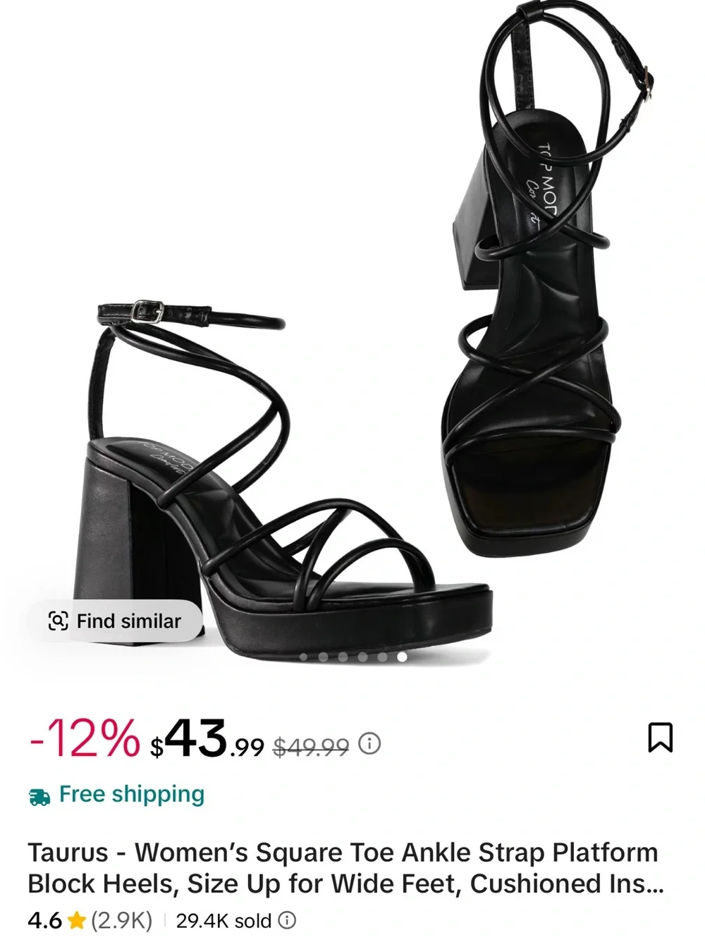 Women's Black Square Toe Ankle Strap Platform Block Heels
